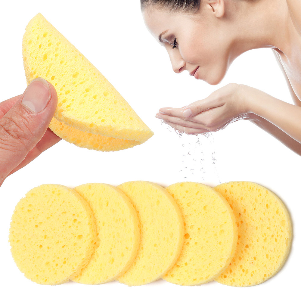 Cleanser Face - 10 個 6-9 センチメートルイエローフェイスラウンドメイク落としツール木製スポンジセルロース化粧品パフクレンジングスポンジ洗顔スポンジ